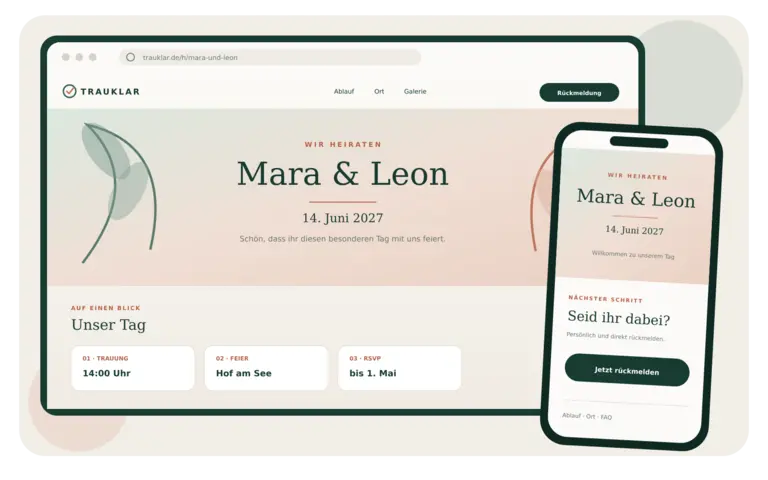 TRAUKLAR Hochzeitshomepage auf Desktop und Smartphone