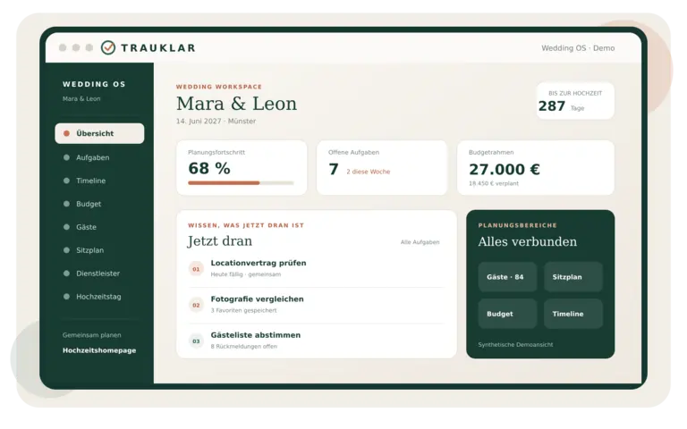 TRAUKLAR Wedding OS mit Aufgaben, Budget, Gästen und Sitzplan